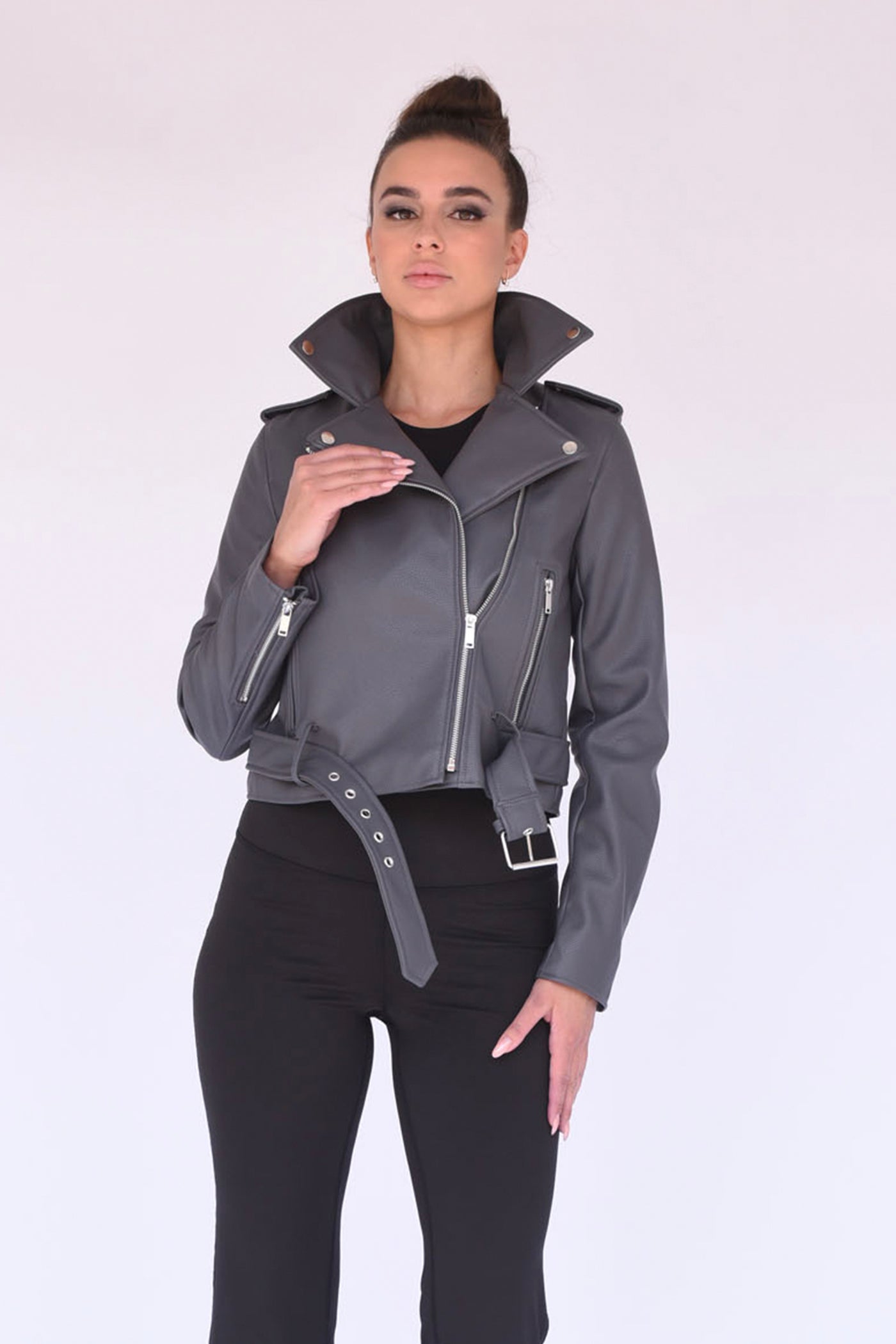 Libya Vegan Leather Moto Jacket in Dark Grey